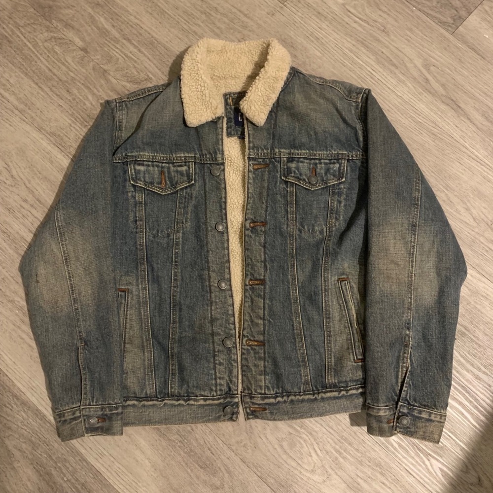Gap Mens Denim Trucker Jacket Medium Wash Sherpa Lined Blue Size M